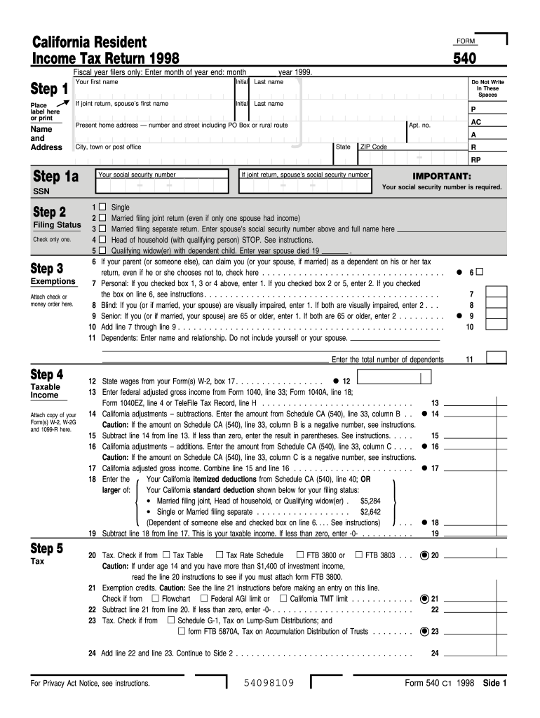 1998 Form CA FTB 540 Fill Online Printable Fillable Blank PdfFiller