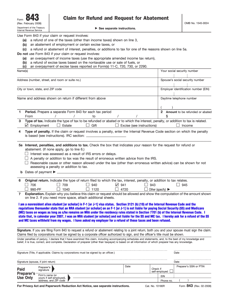 2008 Form IRS 843 Fill Online Printable Fillable Blank PDFfiller