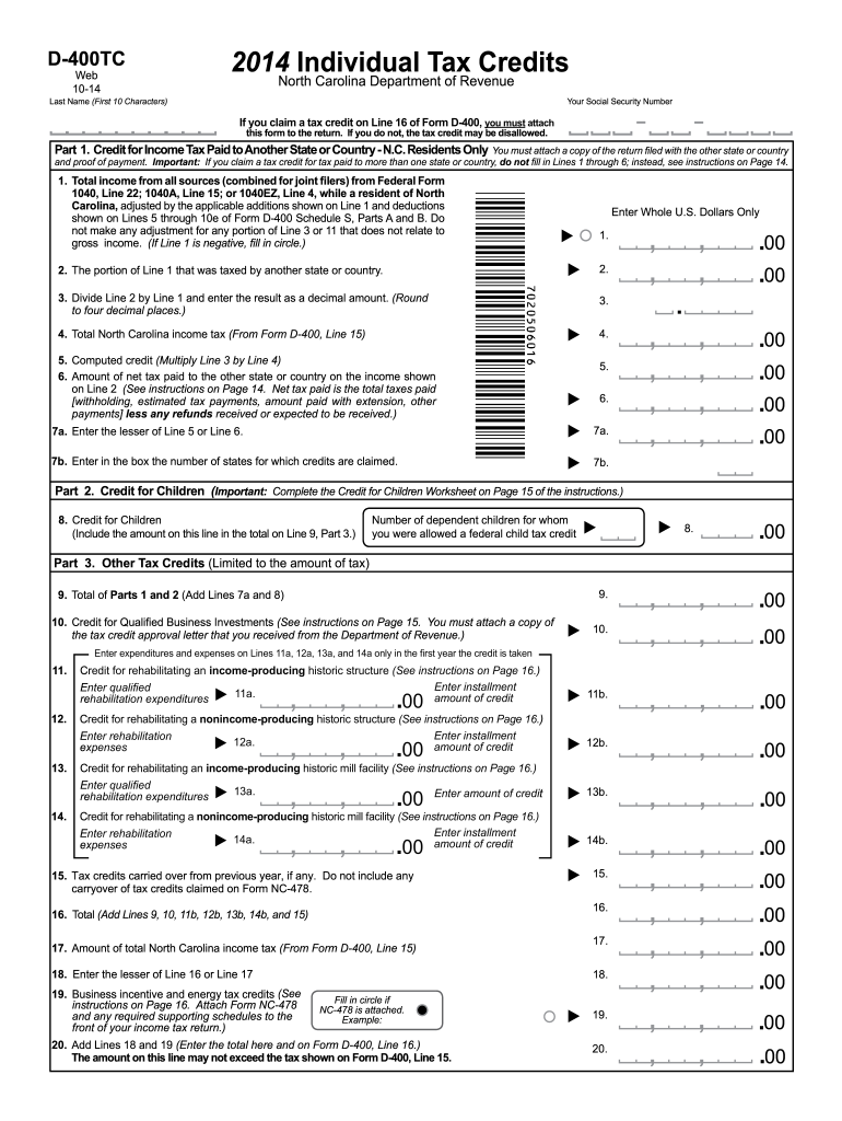 2014 Form NC DoR D 400TC Fill Online Printable Fillable Blank 