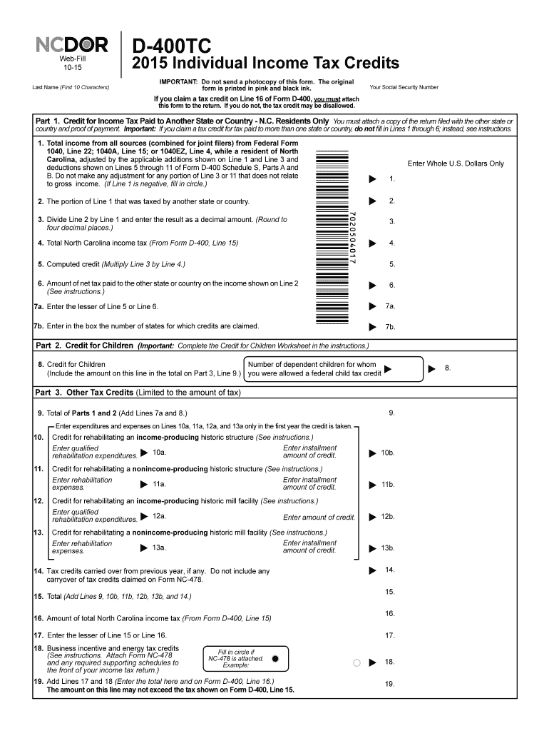 2015 Form NC DoR D 400TC Fill Online Printable Fillable Blank 