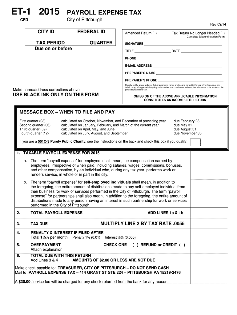 2015 Form PA ET 1 Pittsburgh Fill Online Printable Fillable Blank 