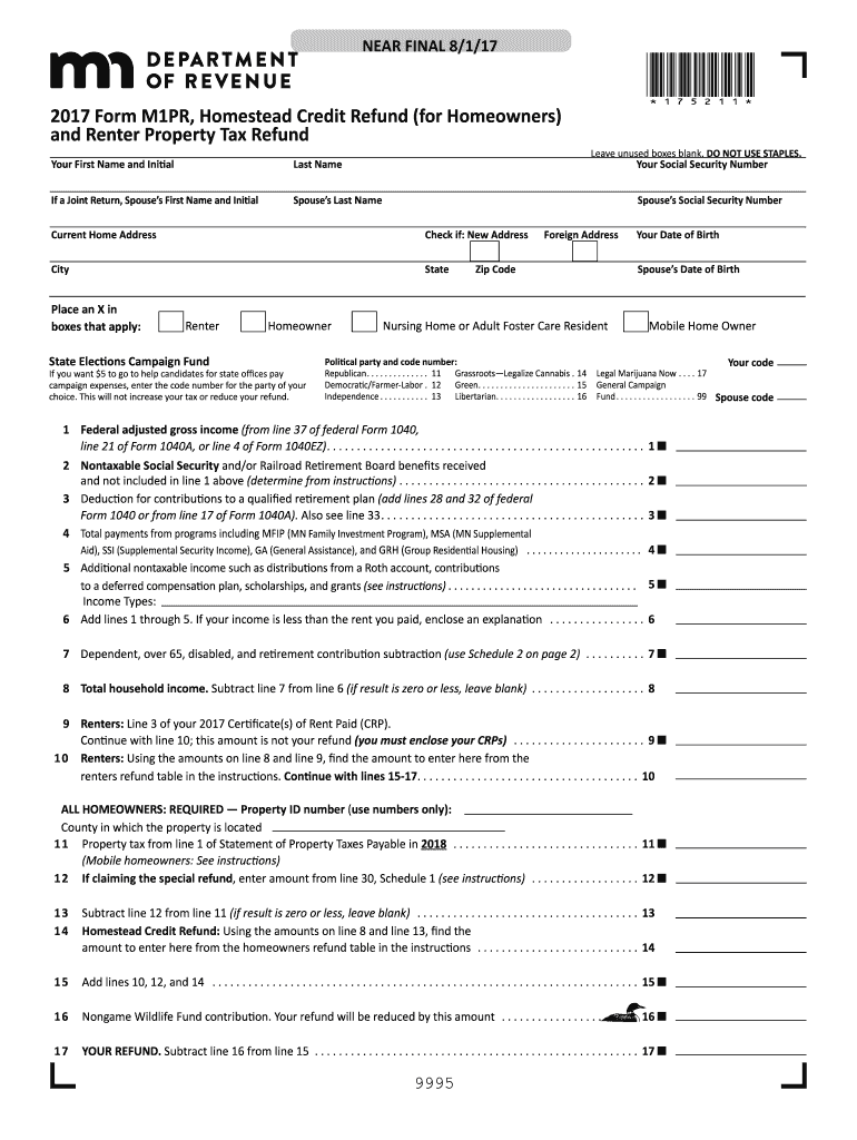 2017 Form MN DoR M1PR Fill Online Printable Fillable Blank PDFfiller