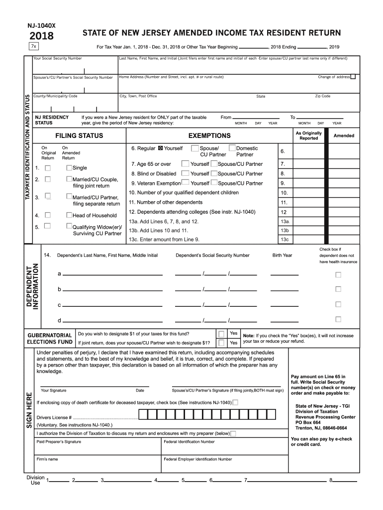 2018 Form NJ DoT NJ 1040x Fill Online Printable Fillable Blank 