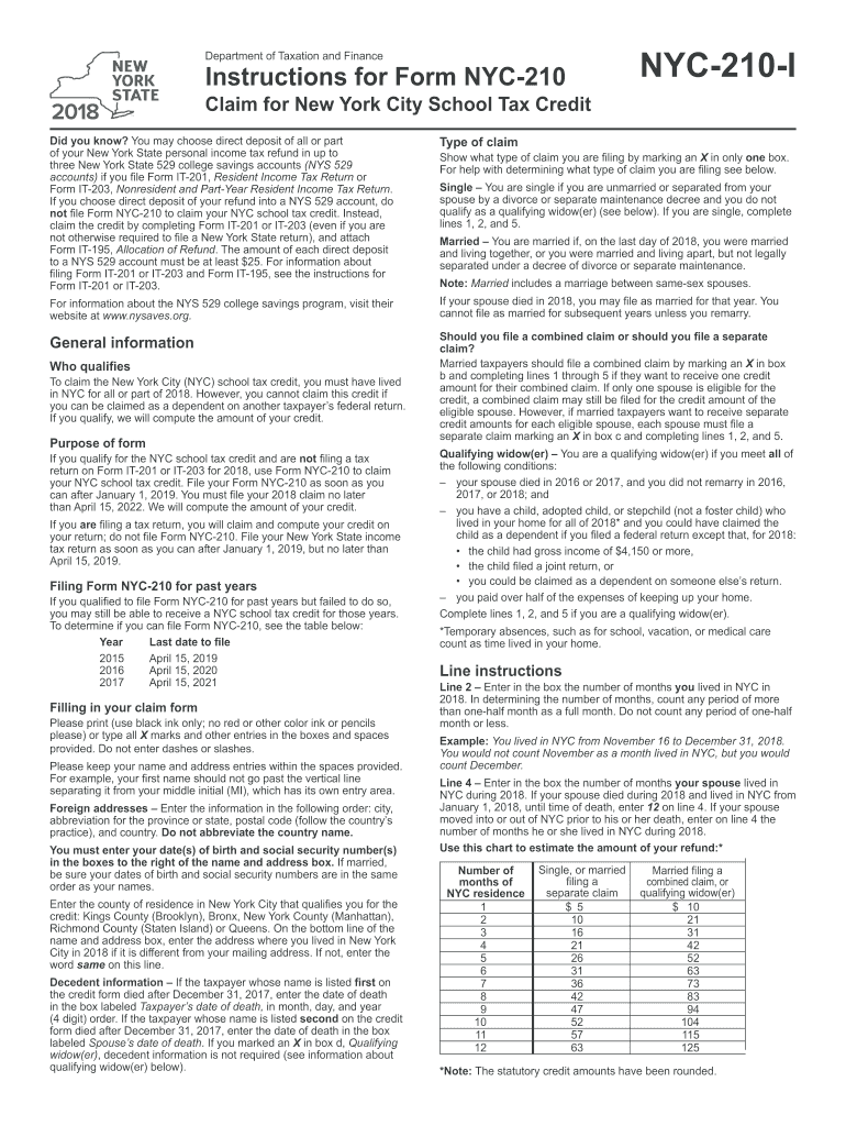 2018 Form NY DTF NYC 210 I Fill Online Printable Fillable Blank 