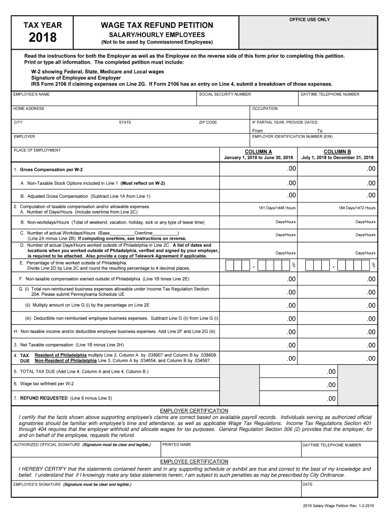 2018 PA DoR Wage Tax Refund Petition Salary Hourly Employees Formerly 