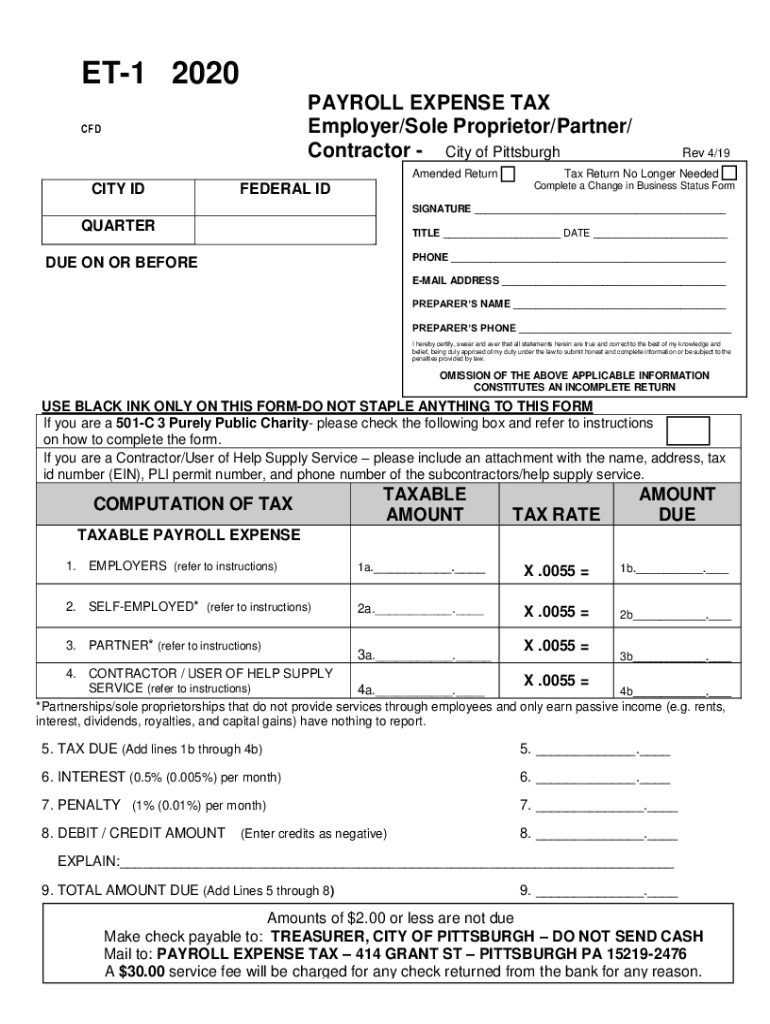 2020 Form PA ET 1 Pittsburgh Fill Online Printable Fillable Blank