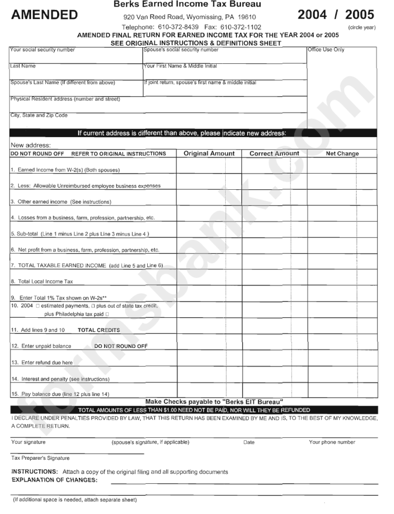 Amended Final Return For Earned Income Tax For The Year Of 2004 Or 2005 