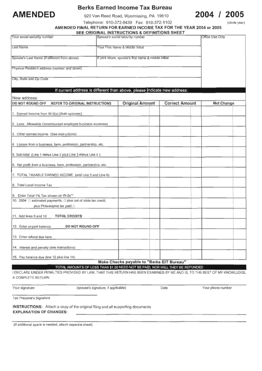 Amended Final Return For Earned Income Tax For The Year Of 2004 Or 2005 