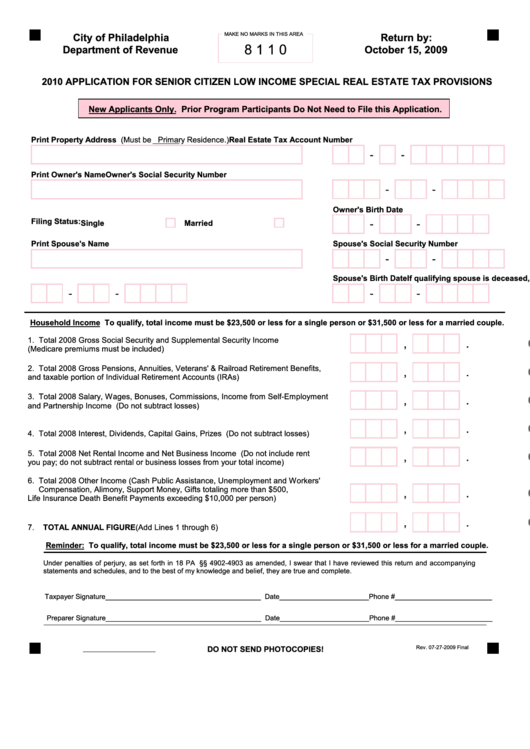 Application For Senior Citizen Low Income Special Real Estate Tax 