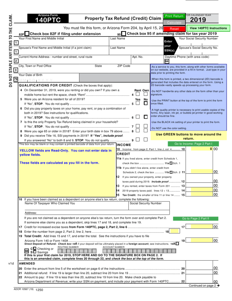 Arizona Form 140PTC ADOR10567 Download Fillable PDF Or Fill Online 