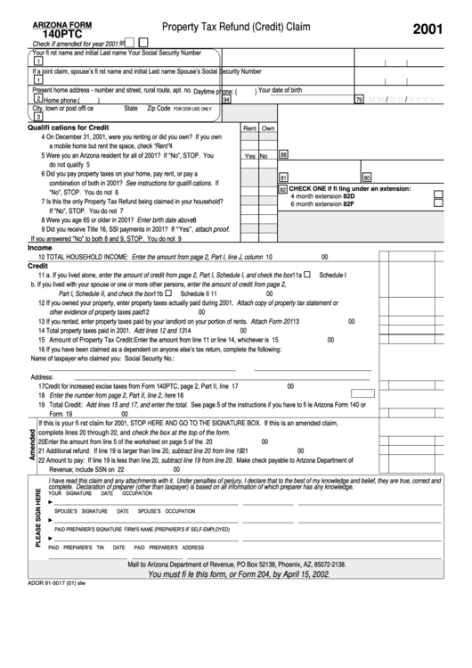 Arizona Form 140ptc Property Tax Refund Credit Claim 2001 