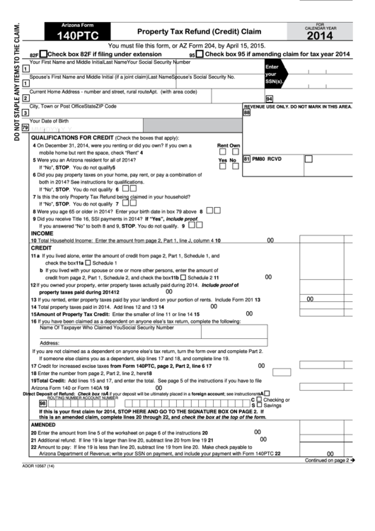 Arizona Form 140ptc Property Tax Refund Credit Claim 2014 