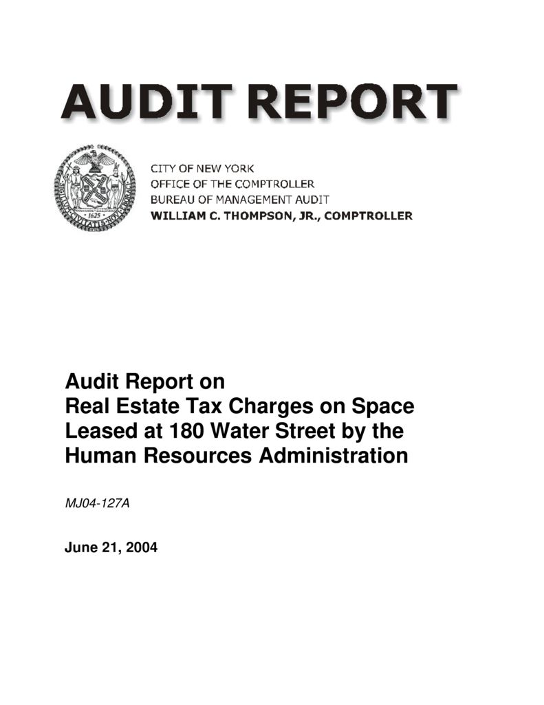 Audit Report On Real Estate Tax Charges On Space Leased At 180 Water 