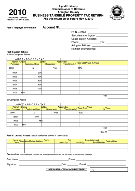 Business Tangible Property Tax Return Form 2010 Printable Pdf Download