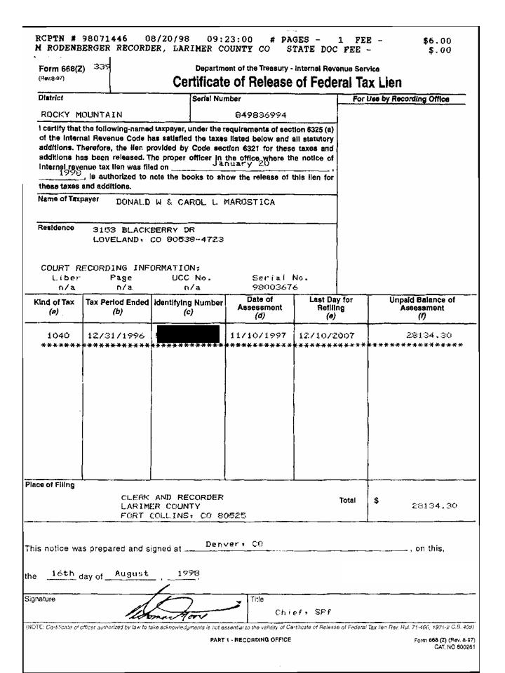 Don Marostica Failed To Pay Taxes Until The IRS Put A Lien On All His