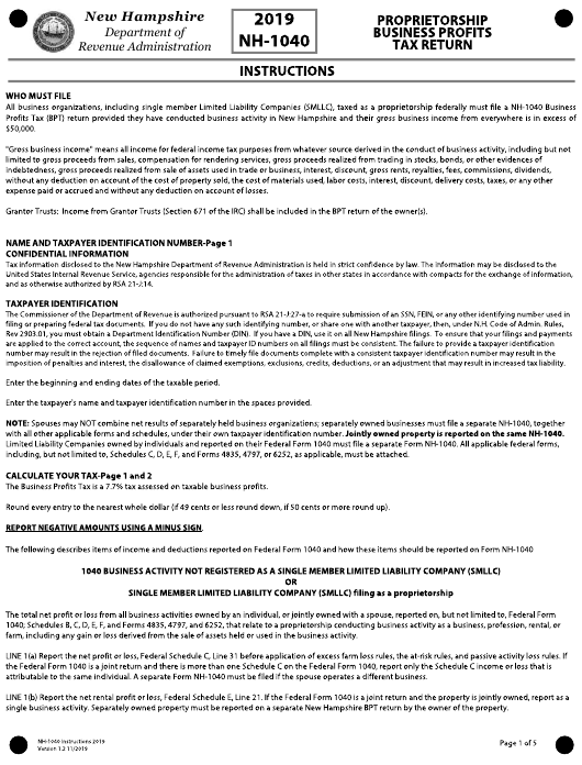 Download Instructions For Form NH 1040 Proprietorship Or Jointly Owned 