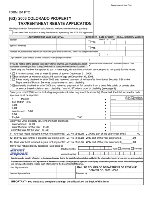 Fillable Form 104 Ptc Colorado Property Tax rent heat Rebate 