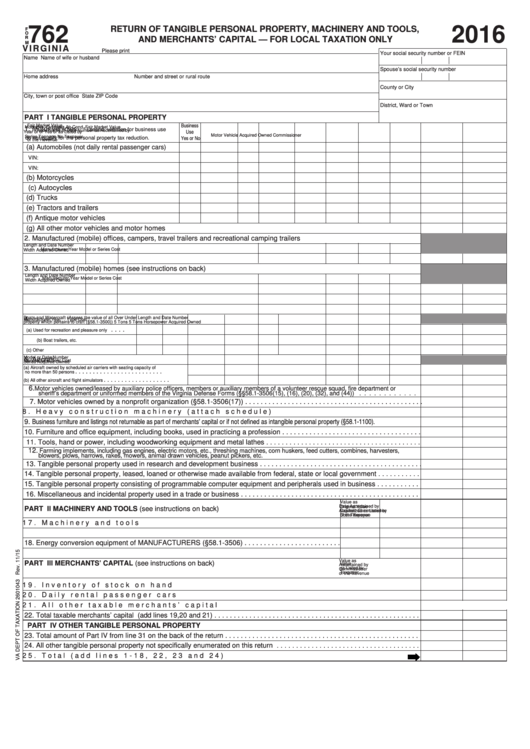 Fillable Form 762 Virginia Return Of Tangible Personal Property 