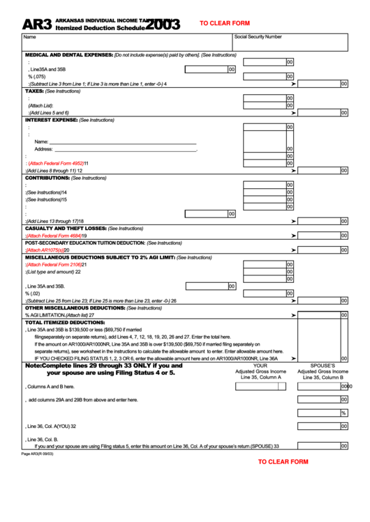 Fillable Form Ar3 Arkansas Individual Income Tax Return Itemized 