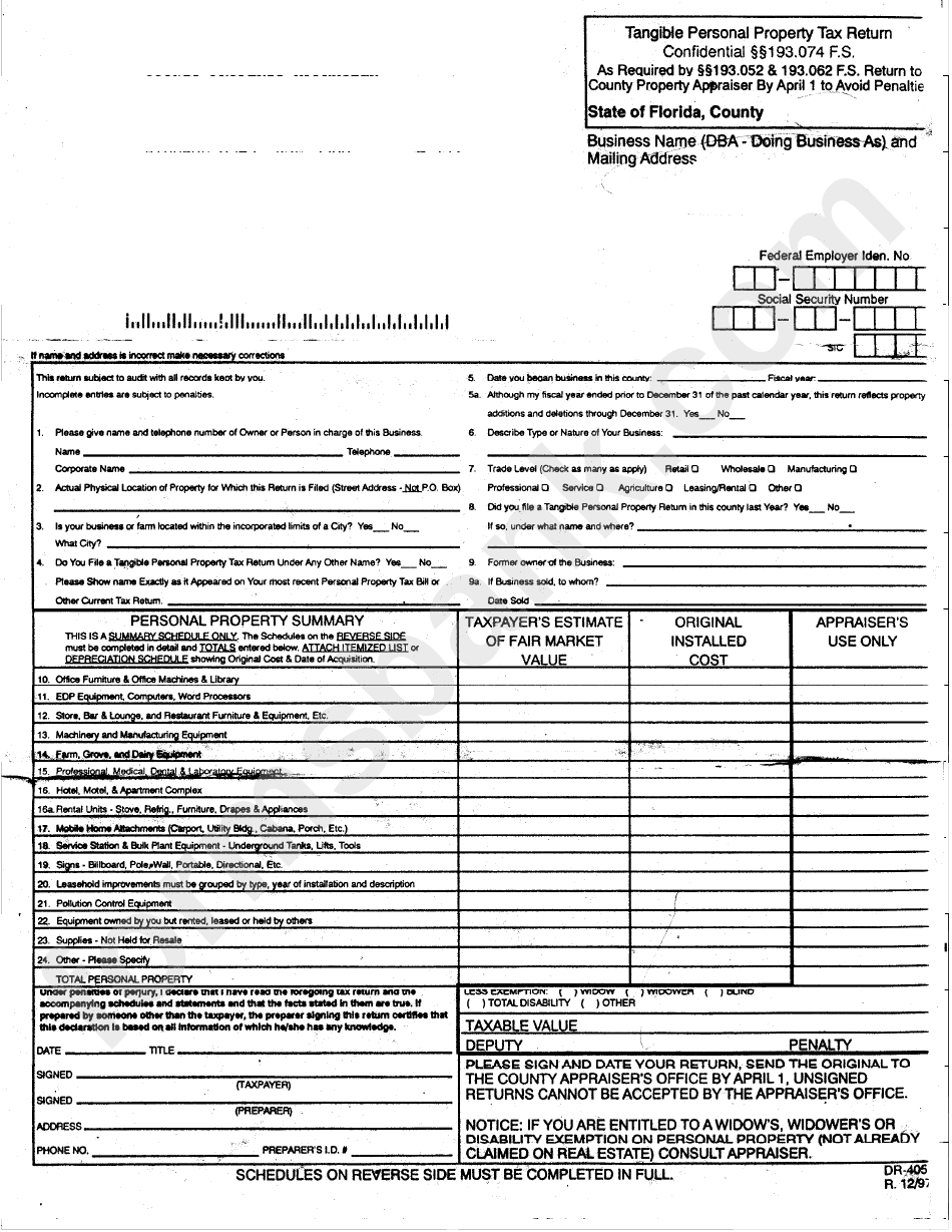 Fillable Form Dr 405 Tangible Personal Property Tax Return Printable 