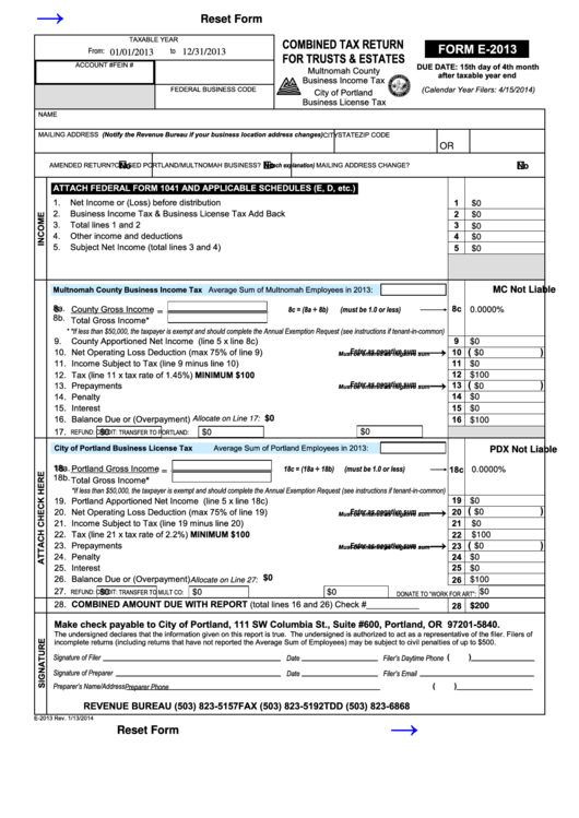 Fillable Form E 2013 Combined Tax Return For Trusts Estates 