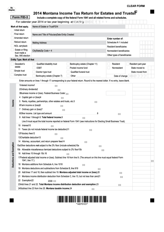 Fillable Form Fid 3 Montana Income Tax Return For Estates And Trusts 