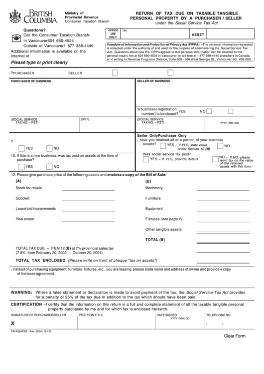 Fillable Form Fin 426 Return Of Tax Due On Taxable Tangible Personal 