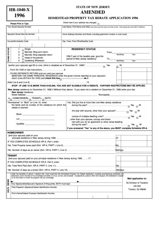 Fillable Form Hr 1040 X Amended Homestead Property Tax Rebate