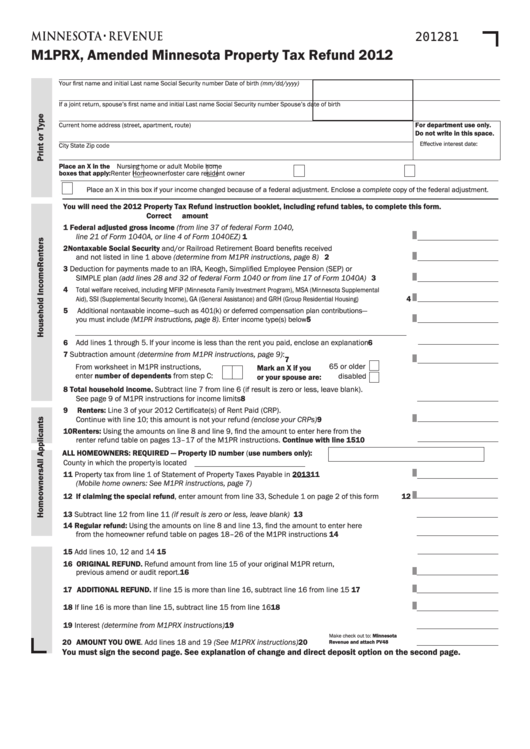 Fillable Form M1prx Amended Minnesota Property Tax Refund 2012 