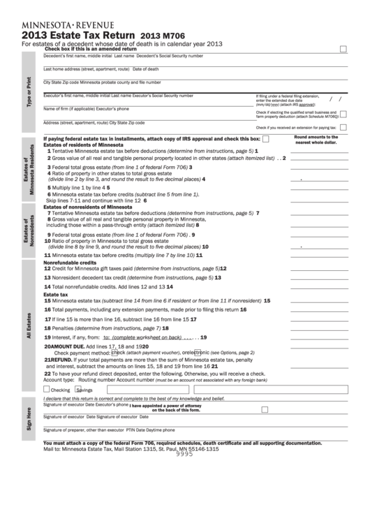 Fillable Form M706 Estate Tax Return Minnesota Department Of 