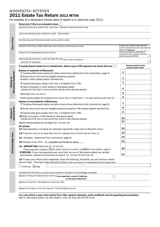 Fillable Form M706 Estate Tax Return Minnesota Dept of Revenue 