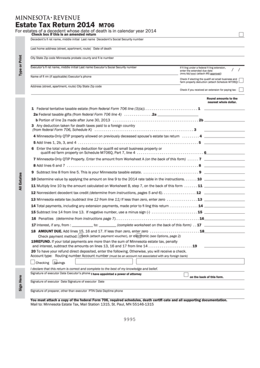 Fillable Form M706 Minnesota Estate Tax Return 2014 Printable Pdf