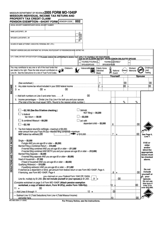 Fillable Form Mo 1040p Missouri Individual Income Tax Return And