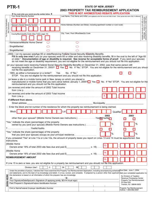 Fillable Form Ptr 1 Property Tax Reimbursement Application State Of 