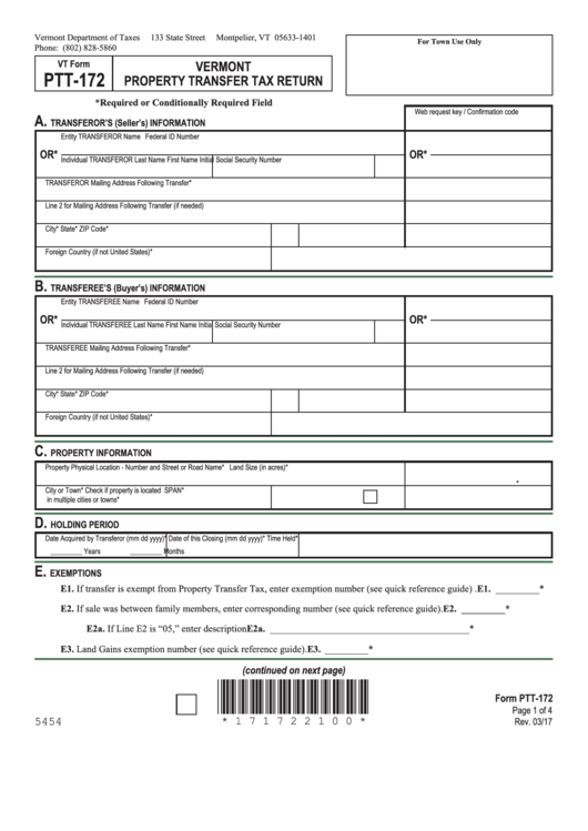 Fillable Form Ptt 172 Vermont Property Transfer Tax Return 2017 