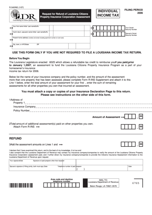 Fillable Form R 540ins Request For Refund Of Louisiana Citizens 