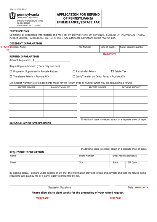 Fillable Form Rev 1313 Application For Refund Of Pennsylvania 