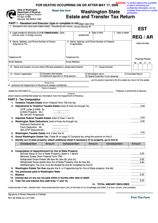 Fillable Form Rev 85 0049e Washington State Estate And Transfer Tax 