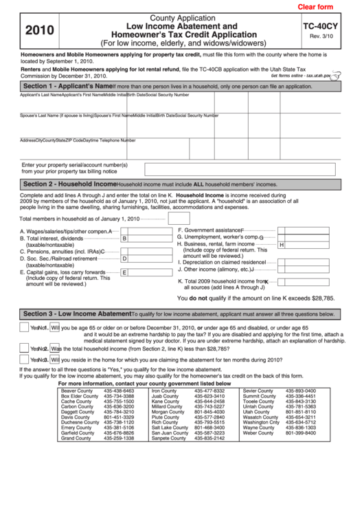 Fillable Form Tc 40cy Low Income Abatement And Homeowner S Tax Credit 