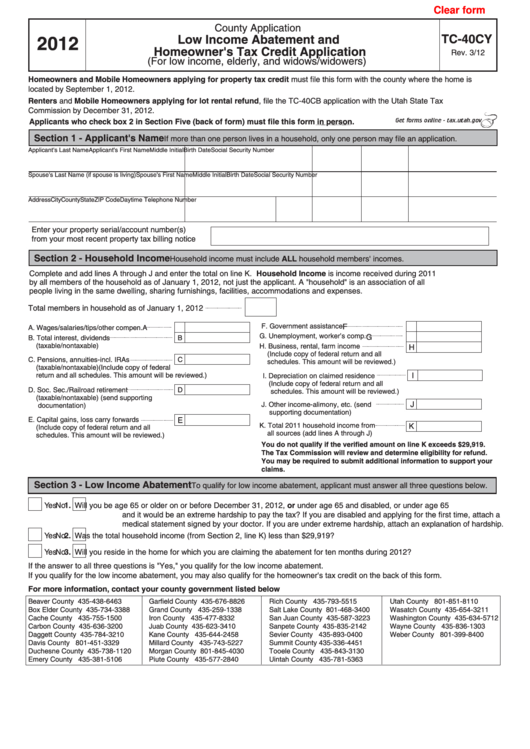 Fillable Form Tc 40cy Low Income Abatement And Homeowner S Tax Credit 