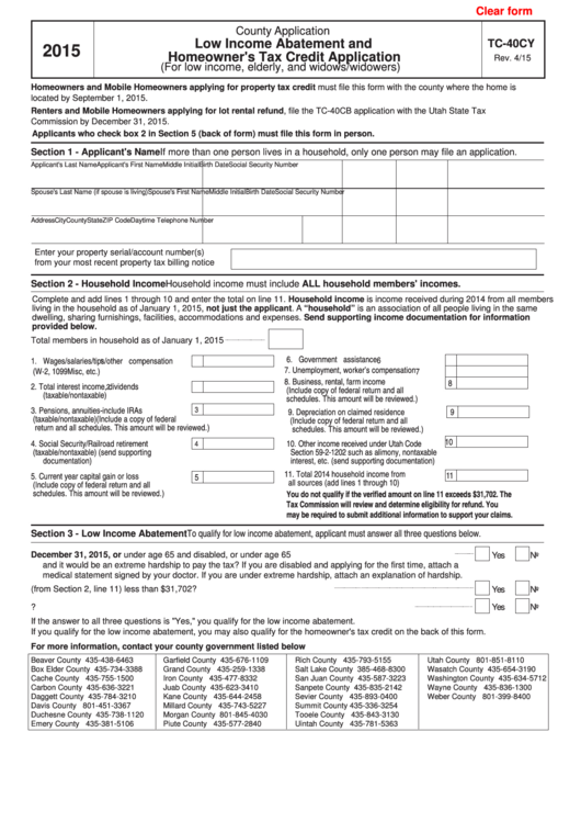 Fillable Form Tc 40cy Low Income Abatement And Homeowner S Tax Credit