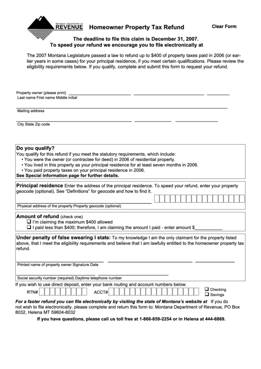 Fillable Homeowner Property Tax Refund Form Montana Department Of 