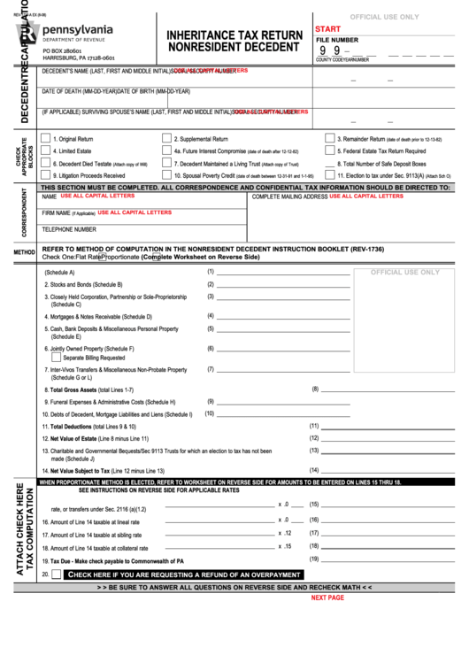 Fillable Pennsylvania Inheritance Tax Return Nonresident Decedent 