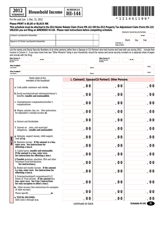 Fillable Schedule Hi 144 Vermont Household Income 2012 Printable