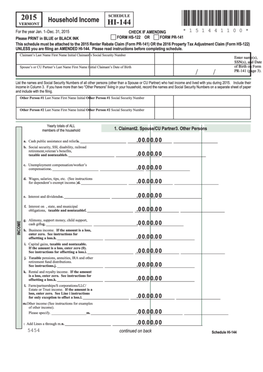 Fillable Schedule Hi 144 Vermont Household Income 2015 Form Pr 141