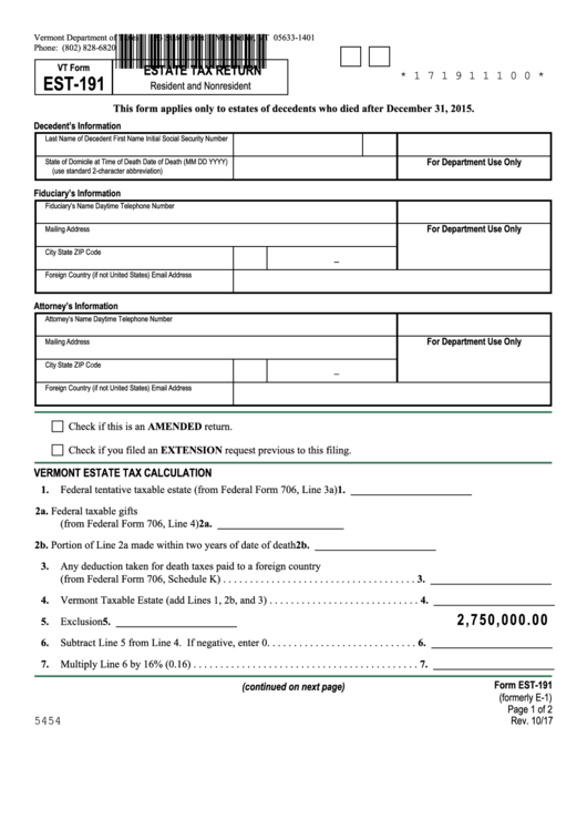 Fillable Vt Form Est 191 Estate Tax Return Resident And Nonresident 