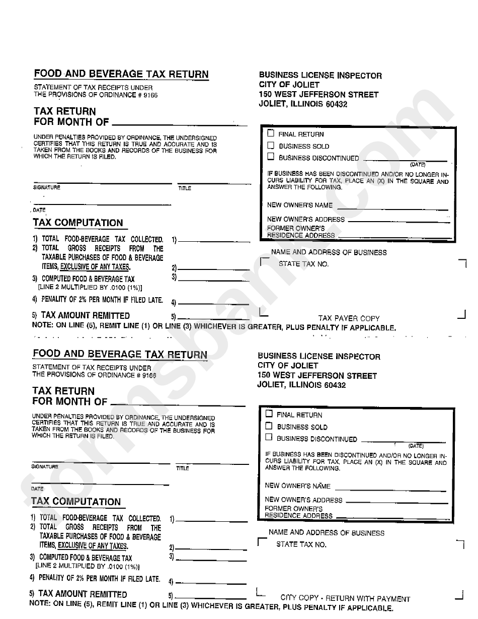 Food And Beverage Tax Return Form Business License Inspector City 