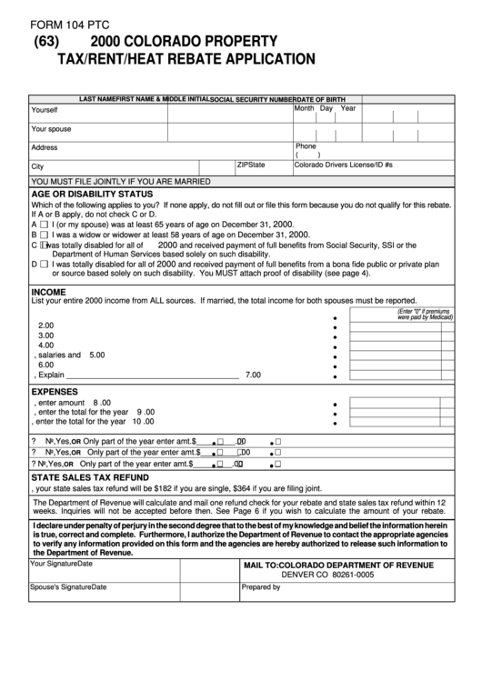 Form 104 Ptc Colorado Property Tax rent heat Rebate Application