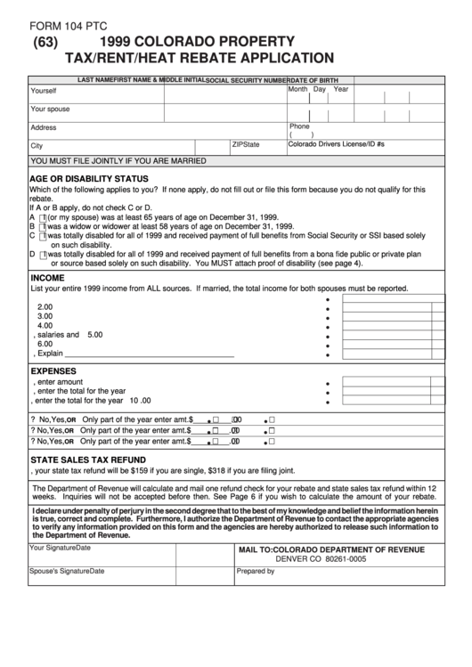 Form 104 Ptc Colorado Property Tax rent heat Rebate Application 