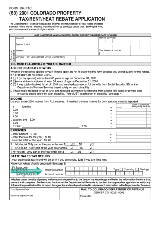 Form 104 Ptc Colorado Property Tax rent heat Rebate Application